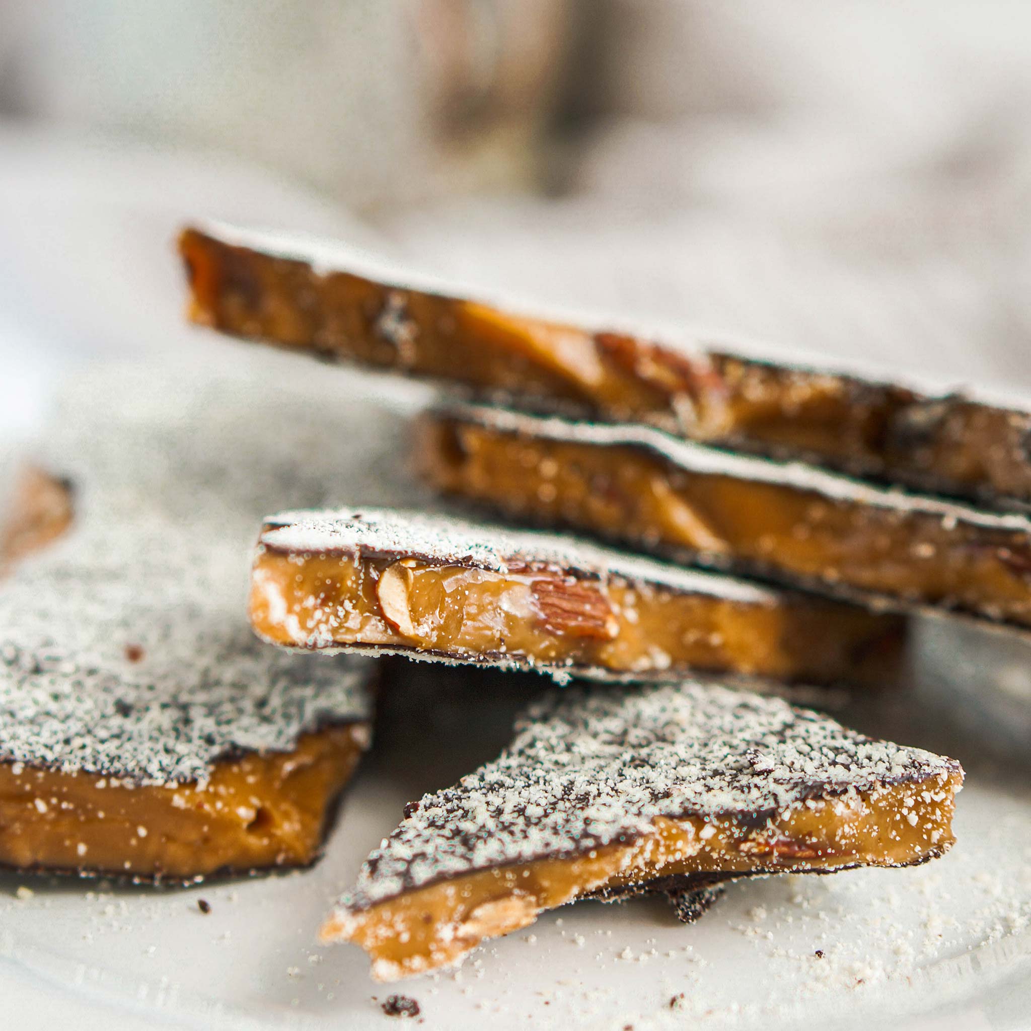 Close-up of dark chocolate almond toffee