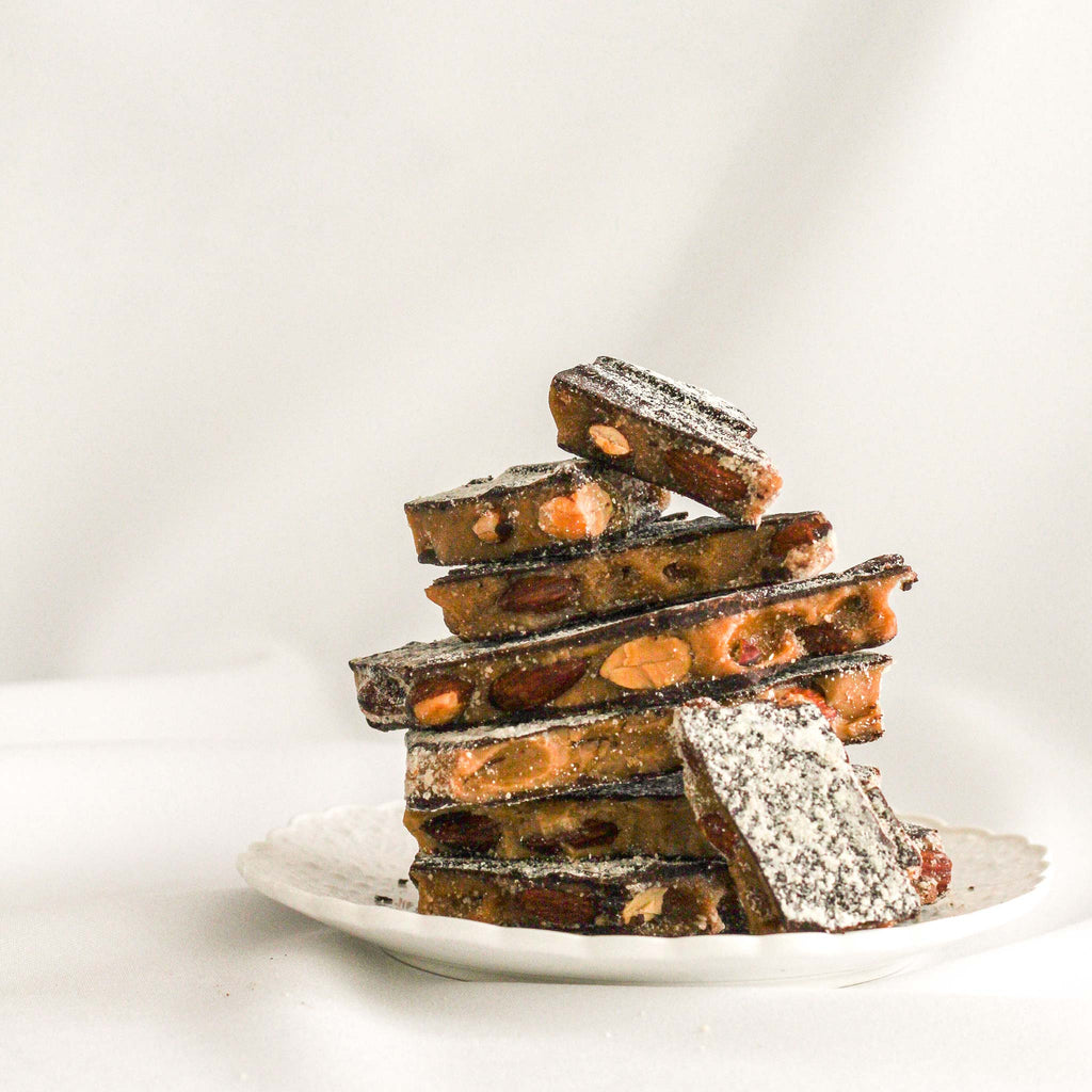 Dark Chocolate and Almond Toffee stacked on a plate